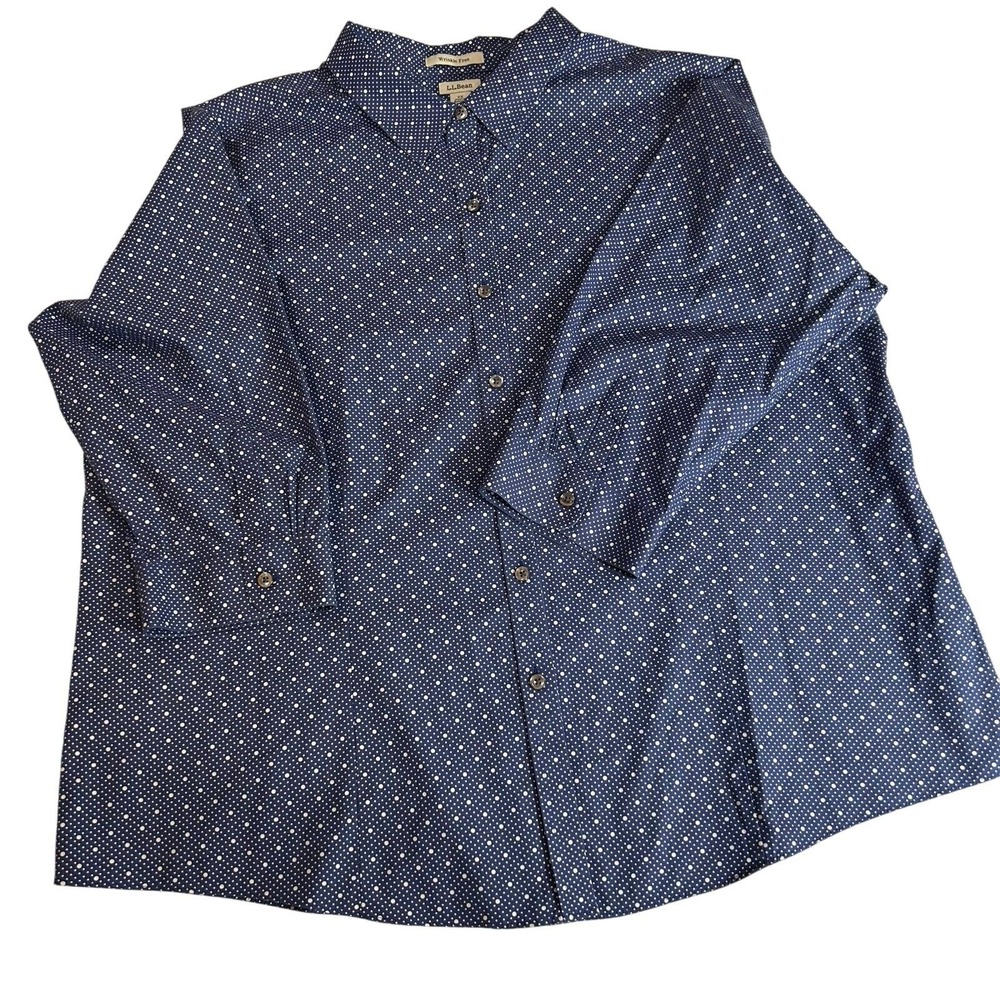LL Bean Womens Casual Button Up Shirt 2XL Blue Polka Dot Wrinkle Free 3/4 Sleeve